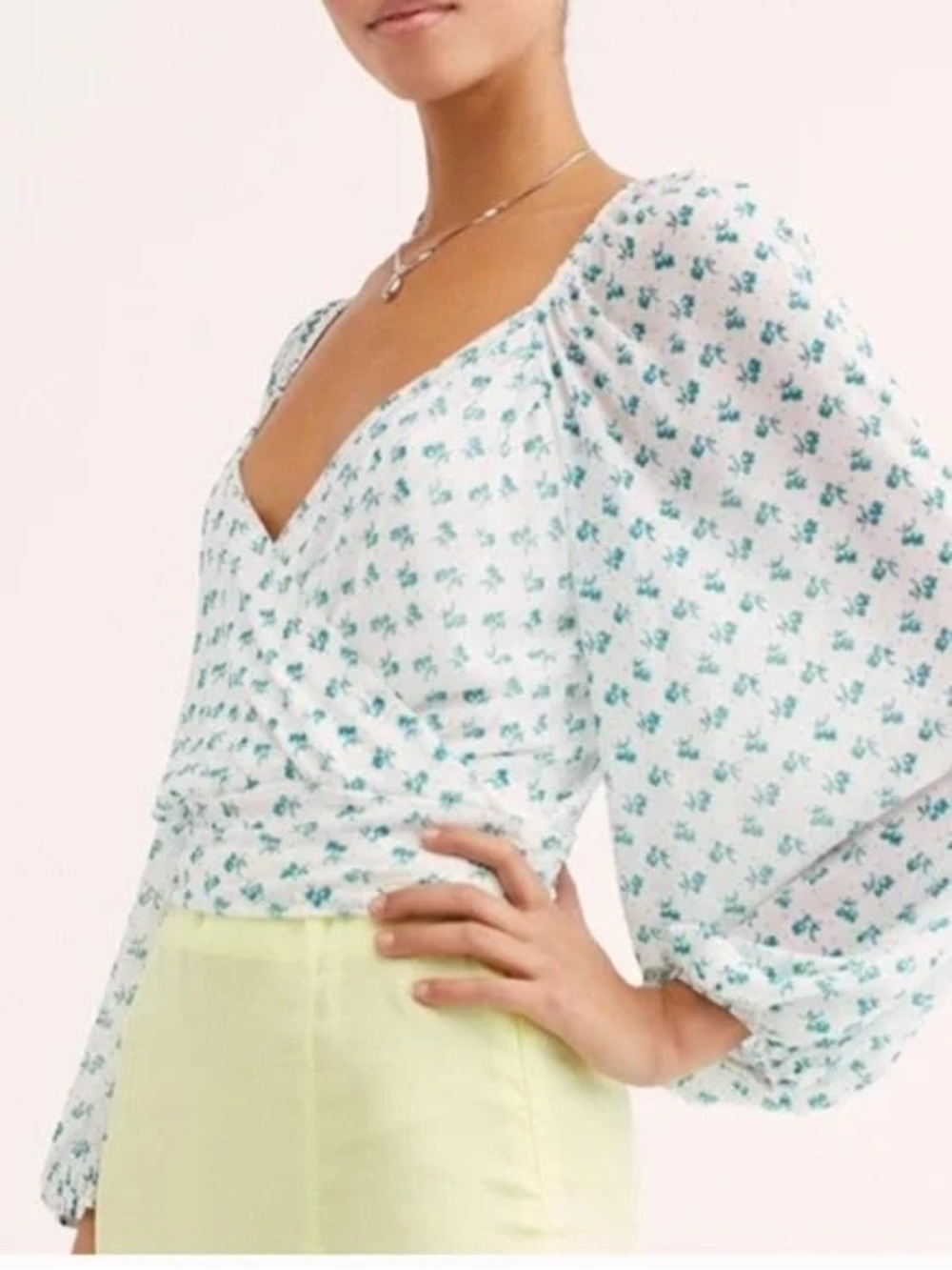 Free People Femme Sweetie Pie White Green Ditsy Medium Floral Sheer Wrap Top